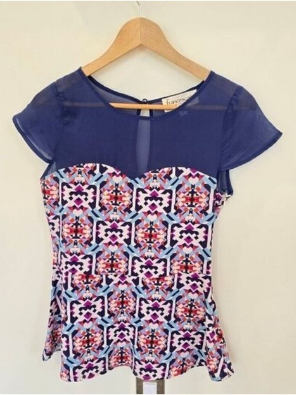Francesca's Collections Blue and Multicolor Geometric Women's Peplum Top